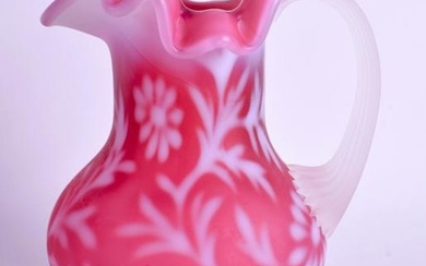 AN EDWARDIAN PINK AND WHITE ENAMELLED OPALINE GLASS JUG