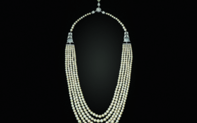 A FIVE-STRAND NATURAL PEARL AND DIAMOND NECKLACE, BHAGAT