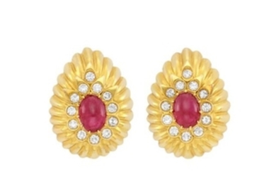 Pair of Gold, Cabochon Ruby and Diamond Earrings