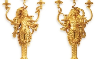Henry Dasson (1825-1896) A pair of French gilt-bronze five-light figure wall-lights, Paris, dated 1886