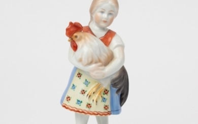 HEREND HAND-PAINTED PORCELAIN GIRL WITH ROOSTER