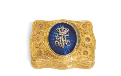 A JEWELLED TWO-COLOUR GOLD AND ENAMEL PRESENTATION SNUFF BOX, CHARLES COLINS & SÖHNE, HANAU, CIRCA 1894