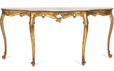 A Louis XV Style Carved Giltwood Serpentine Console Table