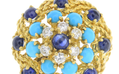 A mid 20th century gold sapphire, diamond and turquoise ring, converted from a VCA earring.