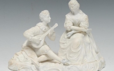 A Minton bisque figure group, of a musician seated