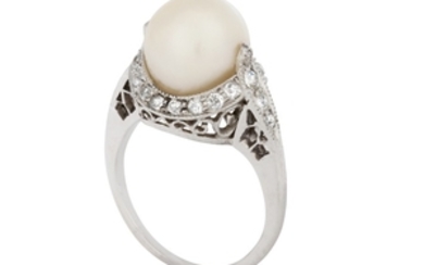 NATURAL PEARL AND DIAMOND RING WITH GIA REPORT