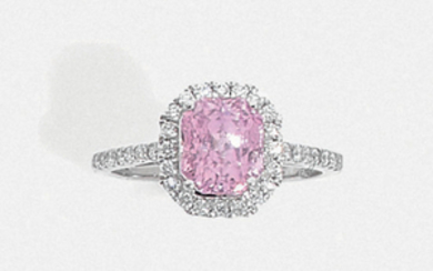 PINK SAPPHIRE RING An octogonal-shaped padparadscha sapphire, diamond...
