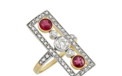 Platinum-Topped Gold, Red Spinel and Diamond Ring
