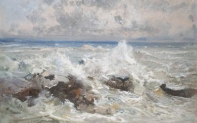 Pompeo Mariani (Italian, 1857-1927), Waves crashing on the rocks at Bordighera