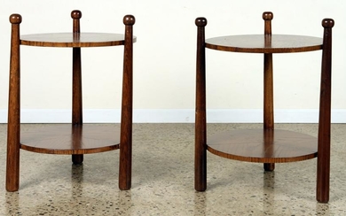 PAIR ROUND OAK END TABLES MANNER OF JEAN ROYER
