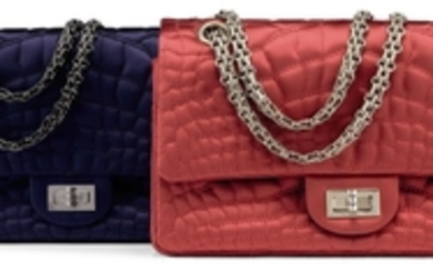 A SET OF TWO: A NAVY SATIN CROCO QUILTED SMALL 2.55 REISSUE DOUBLE FLAP BAG WITH GUNMETAL HARDWARE A RED SATIN CROCO QUILTED SMALL 2.55 REISSUE DOUBLE FLAP BAG WITH SILVER HARDWARE, CHANEL, 2008-2009