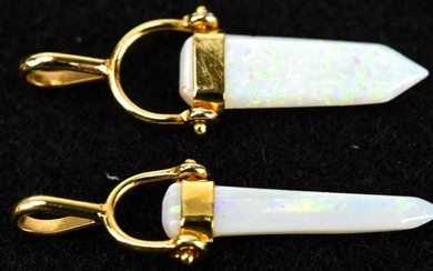 Two Gold & Carved Opal Articulated Spear Pendants