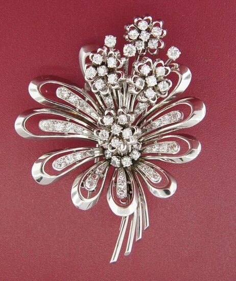 3.96 cts DIAMOND WHITE GOLD FRENCH FLOWER MOTIF BROOCH