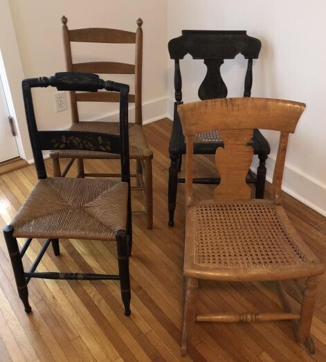 4 Antique Side Chairs Inc. Windsor, Caned & Rush