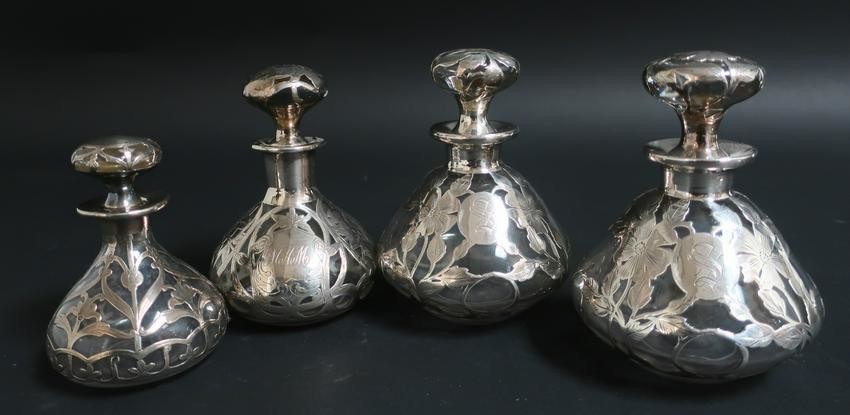 4 Sterling Silver Overlay Clear Glass Perfumes