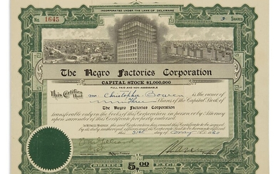 GARVEY, MARCUS. Partly-printed Document Signed, as President of the Negro Factories Corporation, stock...