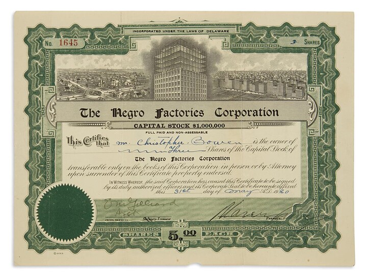 GARVEY, MARCUS. Partly-printed Document Signed, as President of the Negro Factories Corporation, stock...