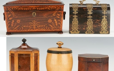 5 Antique Boxes including Tea Caddies, Tobacco Boxes
