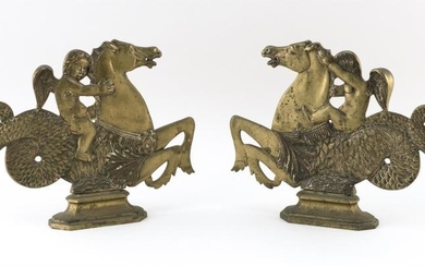 PAIR OF BRONZE HIPPOCAMPUS GONDOLA ORNAMENTS With winged cherubs riding on their backs. Dark patina. Height 11". Length 17".