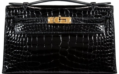 58039: Hermès Shiny Black Alligator Kelly Pochet