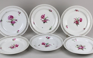 6 plates KPM Berlin 19th century, porcelain with open worked and partly relieved rim, decorated with flower bouquets, scattered flowers and insects, 5 plates with blue sceptre mark, one plate unmarked, embossed numbers, diameter ca. 24 cm each, good...