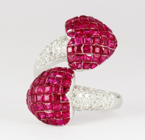 Ruby, diamond, and 18k white gold heart ring