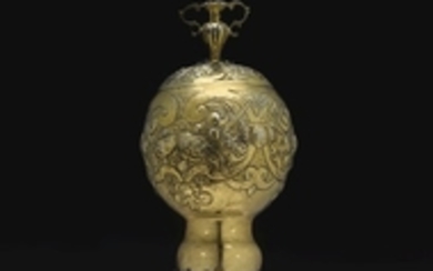 A large German parcel-gilt silver fruit-shaped cup and cover, Jeremias Vogel, Augsburg, 1612-16