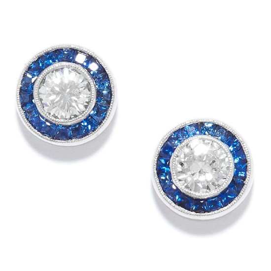 SAPPHIRE AND DIAMOND CLUSTER EARRINGS in platinum, each