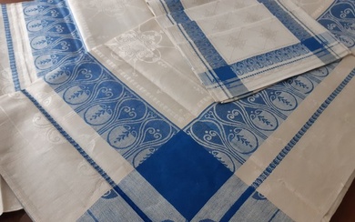 (7) finest Art Nouveau tablecloth and napkins blue pattern - Tablecloth - 130 cm - 160 cm