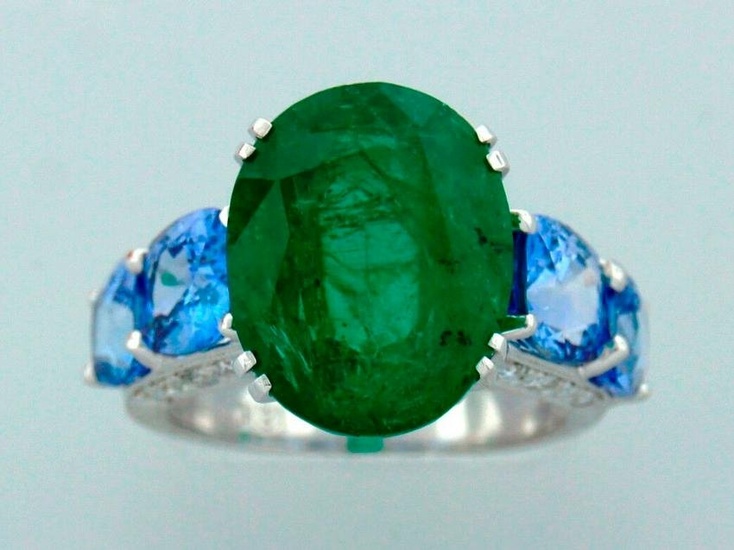 7.50-ct EMERALD 4.0 cts SAPPHIRE WHITE GOLD RING DIAMOND Accents Chic Amazing