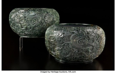 78039: A Pair of Chinese Spinach Jade Bowls 5 x 9-1/4 i