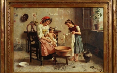 EUGENIO ZAMPIGHI OIL ON CANVAS WASHING THE BABY