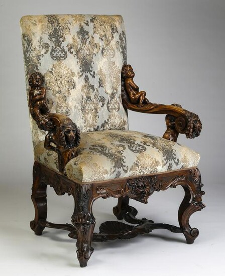 Italian Brustolon carved walnut figural throne chair