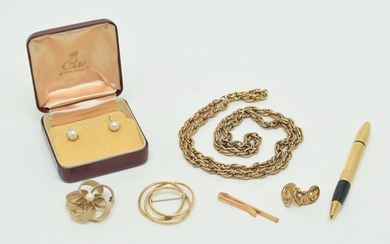 9 pieces of gold filled jewelry, brooch with entwined