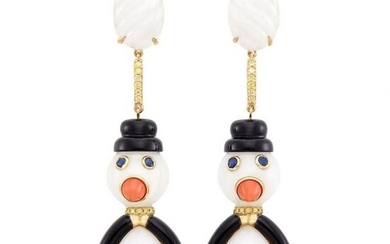 Pair of Gold, White Agate, Black Onyx, Coral, Sapphire and Yellow Diamond Penguin Snowmen Pendant-Earclips