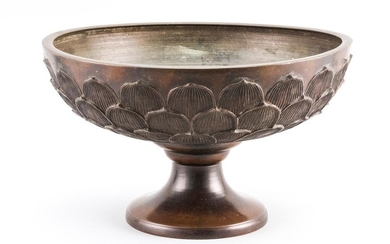 CHINESE XUANDE BRONZE FOOTED BOWL In lotus form, with rich brown patina. Six-character mark. Diameter 15".