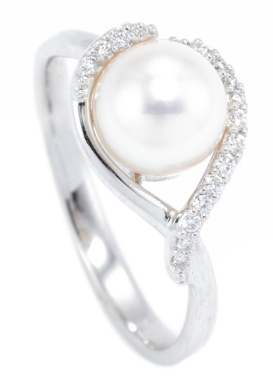 A 14CT WHITE GOLD PEARL AND DIAMOND RING; set with a 7.2mm round fine cultured pearl on wrap around surround set with 15 round brill...