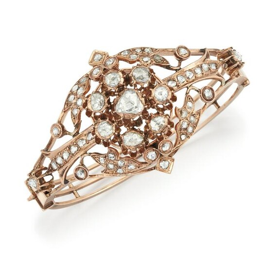 A 19TH CENTURY ROSE GOLD AND DIAMOND BANGLE, the