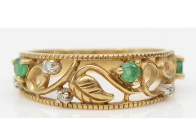 A 9ct gold emerald and eight cut diamond floral dress ring, ...