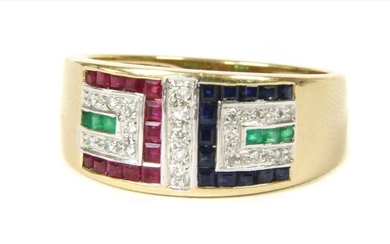 A 9ct gold ruby, sapphire, emerald and diamond ring