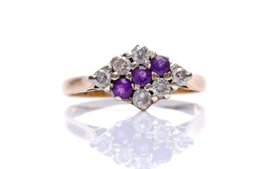 A 9ct hallmarked amethyst and diamond cluster ring, three ce...