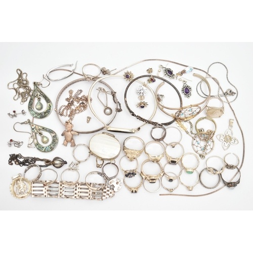 A BAG OF ASSORTED SILVER AND WHITE METAL JEWELLERY, to inclu...