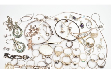 A BAG OF ASSORTED SILVER AND WHITE METAL JEWELLERY, to inclu...