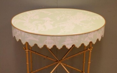 A BAMBOO EFFECT HALL TABLE WITH GOLD PAINTED BASE AND CHINOSERIE STYLE PAINTED TOP (66H X 66W X 46D CM)