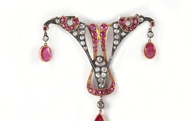A Belle Epoque style ruby & diamond brooch, set with a pear ...
