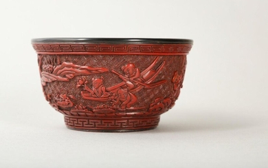 A CHINESE CARVED CINNABAR LACQUER 'BOYS' BOWL. Ming Dynasty. The deeply rounded body rising to a wide rim from a straight narrow foot, the body decorated with a continuous outdoor scene composed of nine boys divided into four groups, in the first a...