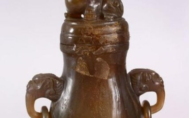 A CHINESE CARVED JADE / JADE LIKE TWIN HANDLE VASE &