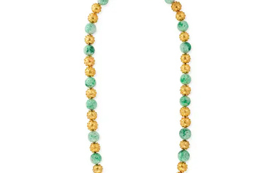 A CHINESE CARVED JADEITE JADE, PEARL AND GOLD BEAD ...