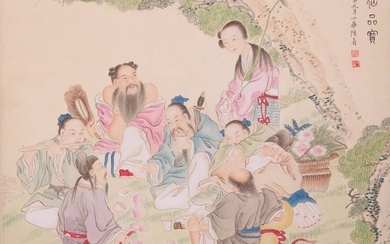 A CHINESE EIGHT IMMORTALS PAINTING ON PAPER, HANGING SCROLL, LU XIAOMAN MARK
