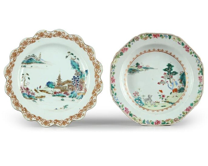 A CHINESE FAMILLE ROSE 'EUROPEAN SUBJECT' DISH AND A